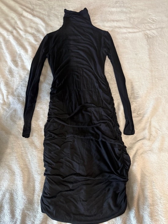 Halogen Black Ruched Turtleneck Bodycon Dress Midi Long Sleeve Stretch Pullover - Picture 5 of 5